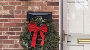 A brick wall with a white door, a black mailbox, and a red bow on a wreath. - Quiet & Modern. Close to WFU-Reynolda. Patio Fenced. (Winston-Salem)