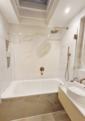 Hair dryer, towels, soap, toilet paper