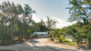 Una propiedad frente a la playa con una casita, palmeras y una playa arenosa.