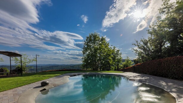 Una piscina de borde curvo, rodeada por un patio de ladrillo y una zona verde con árboles.