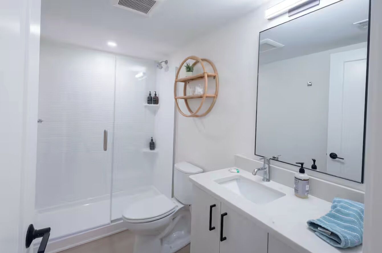 Hair dryer, towels, soap, toilet paper