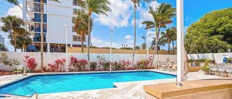 Outdoor pool, pool umbrellas, pool loungers