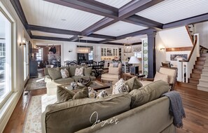 Smart TV, fireplace, books