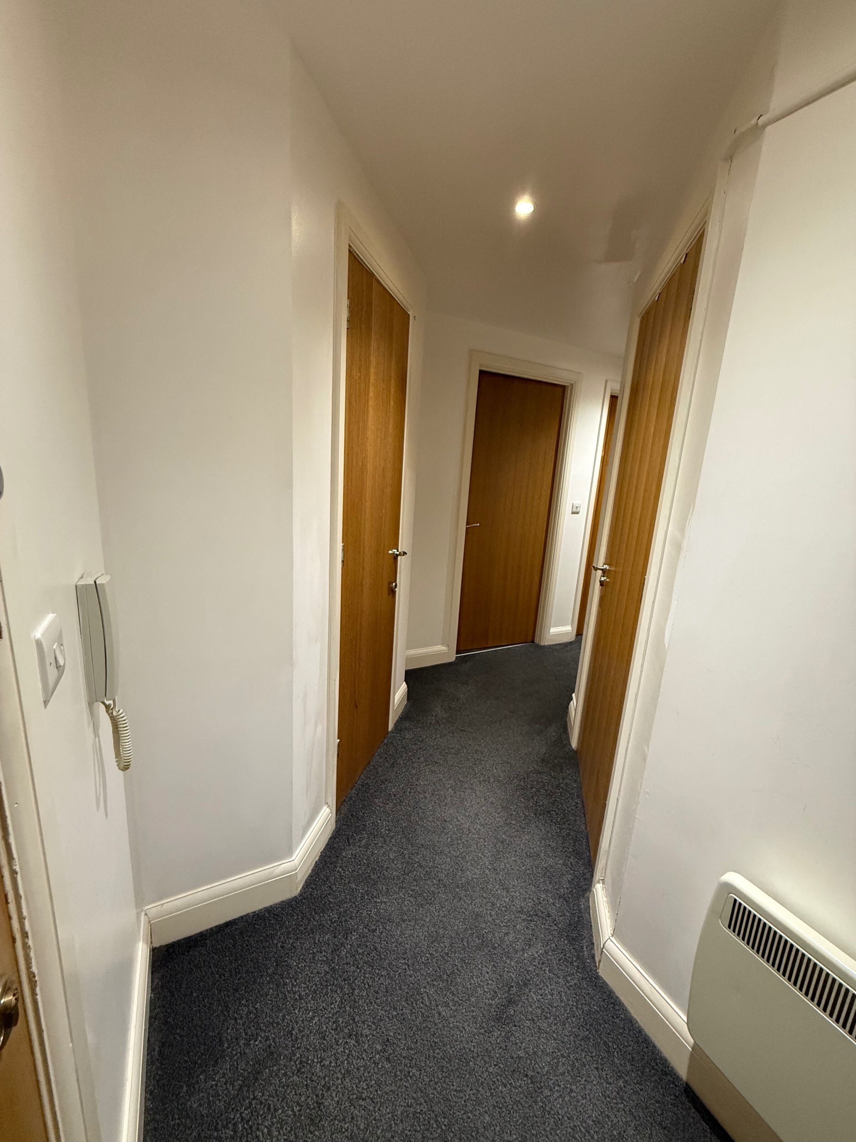 A narrow hallway with carpeted floors and wooden doors.