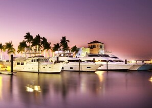 Puerto deportivo con yates amarrados, palmeras y un edificio con ventanas arqueadas.