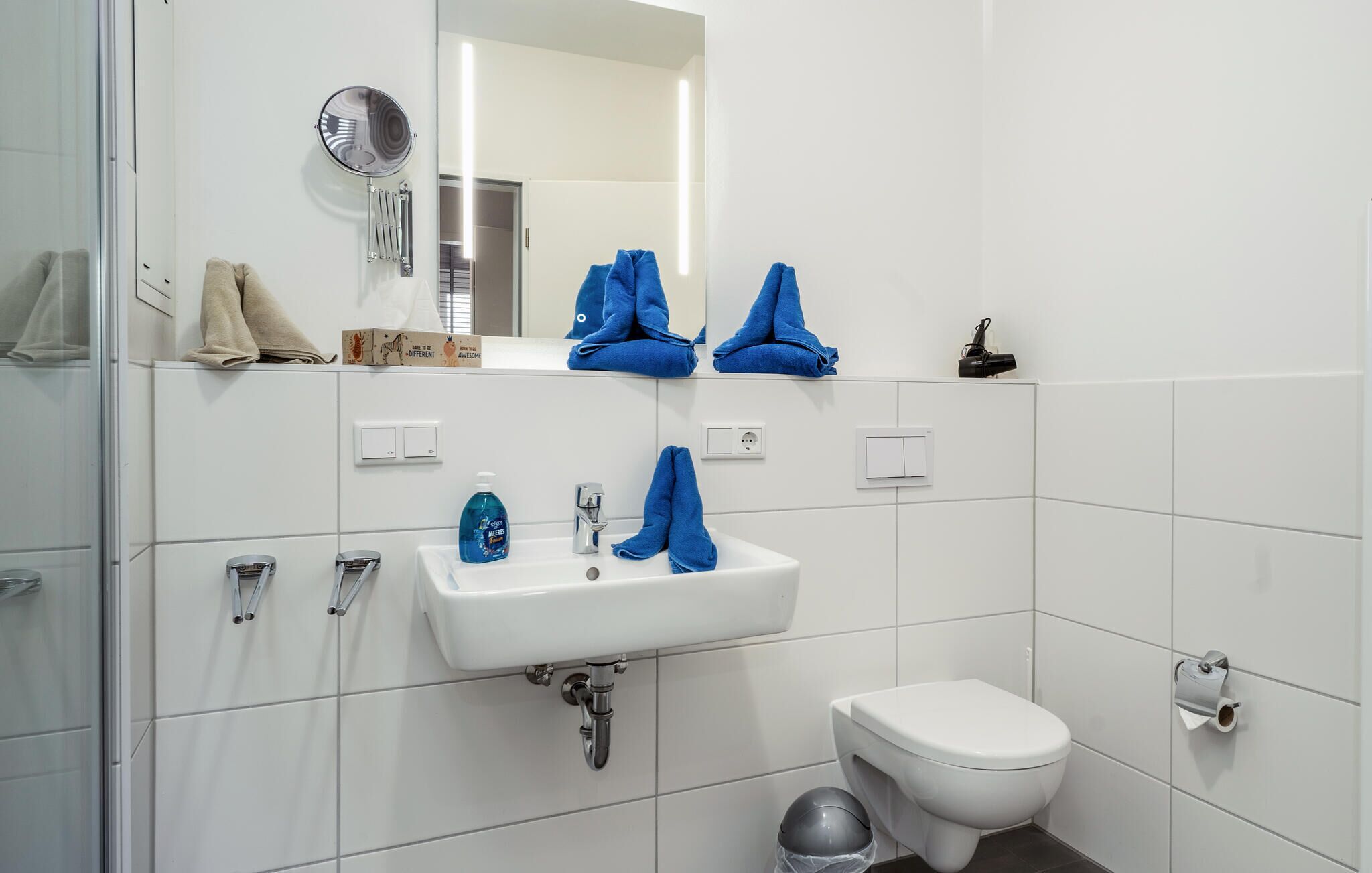 A bathroom with a white sink, a mirror, a toilet, and a trash bin.