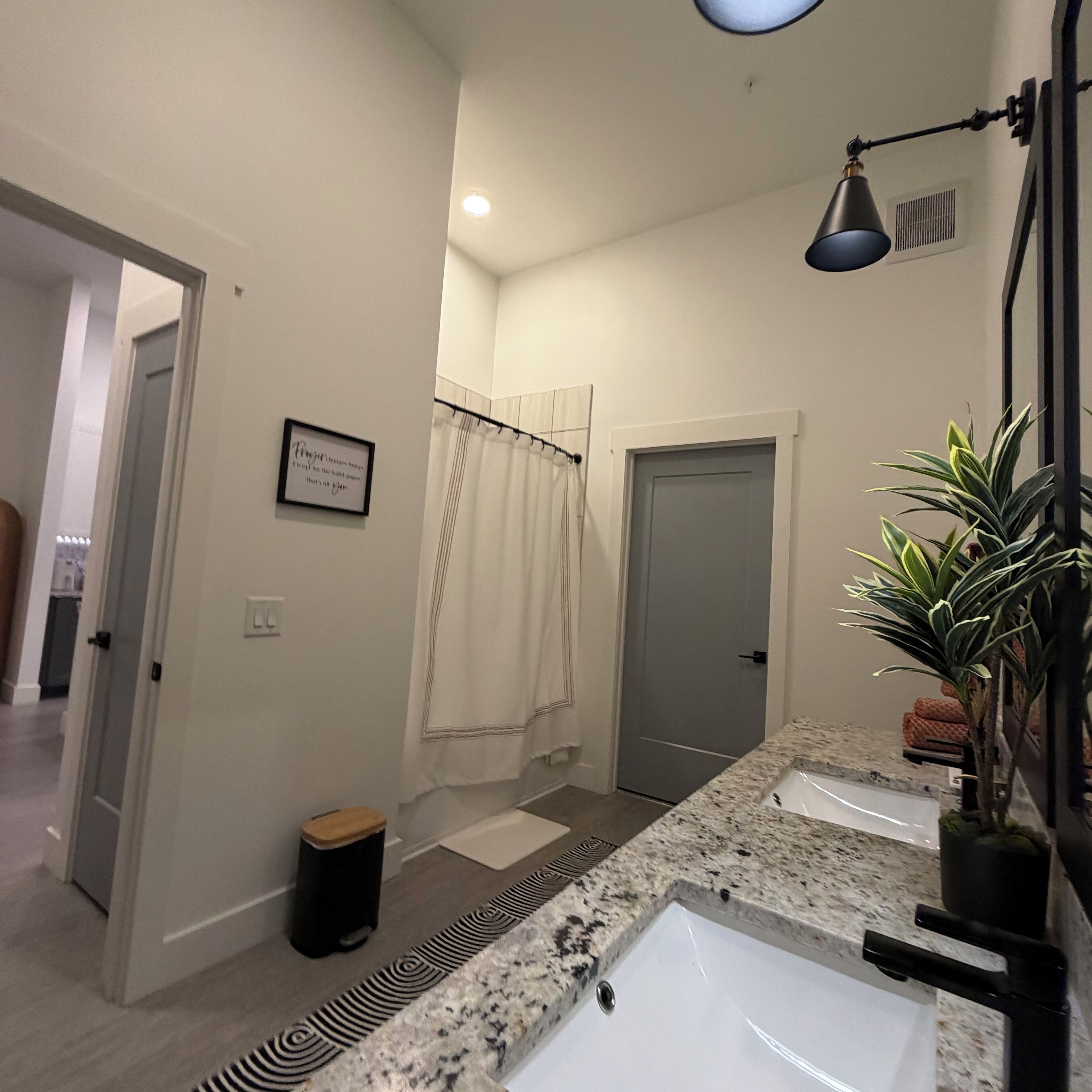 Hair dryer, towels, soap, shampoo