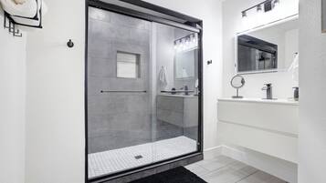 Hair dryer, towels, soap, shampoo