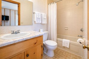 Hair dryer, towels, soap, toilet paper