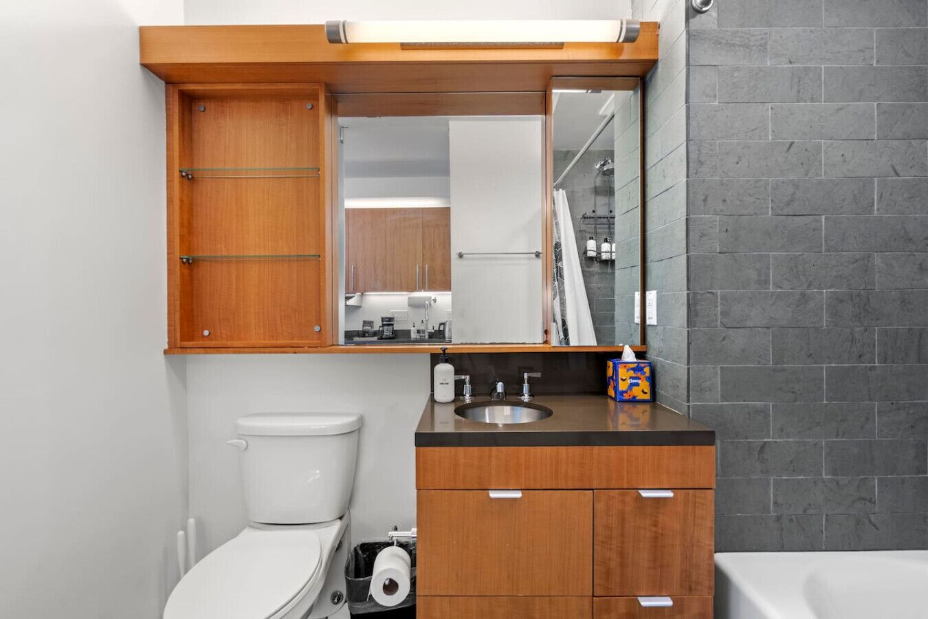 Secadora de cabello, toallas, shampoo, papel de baño 