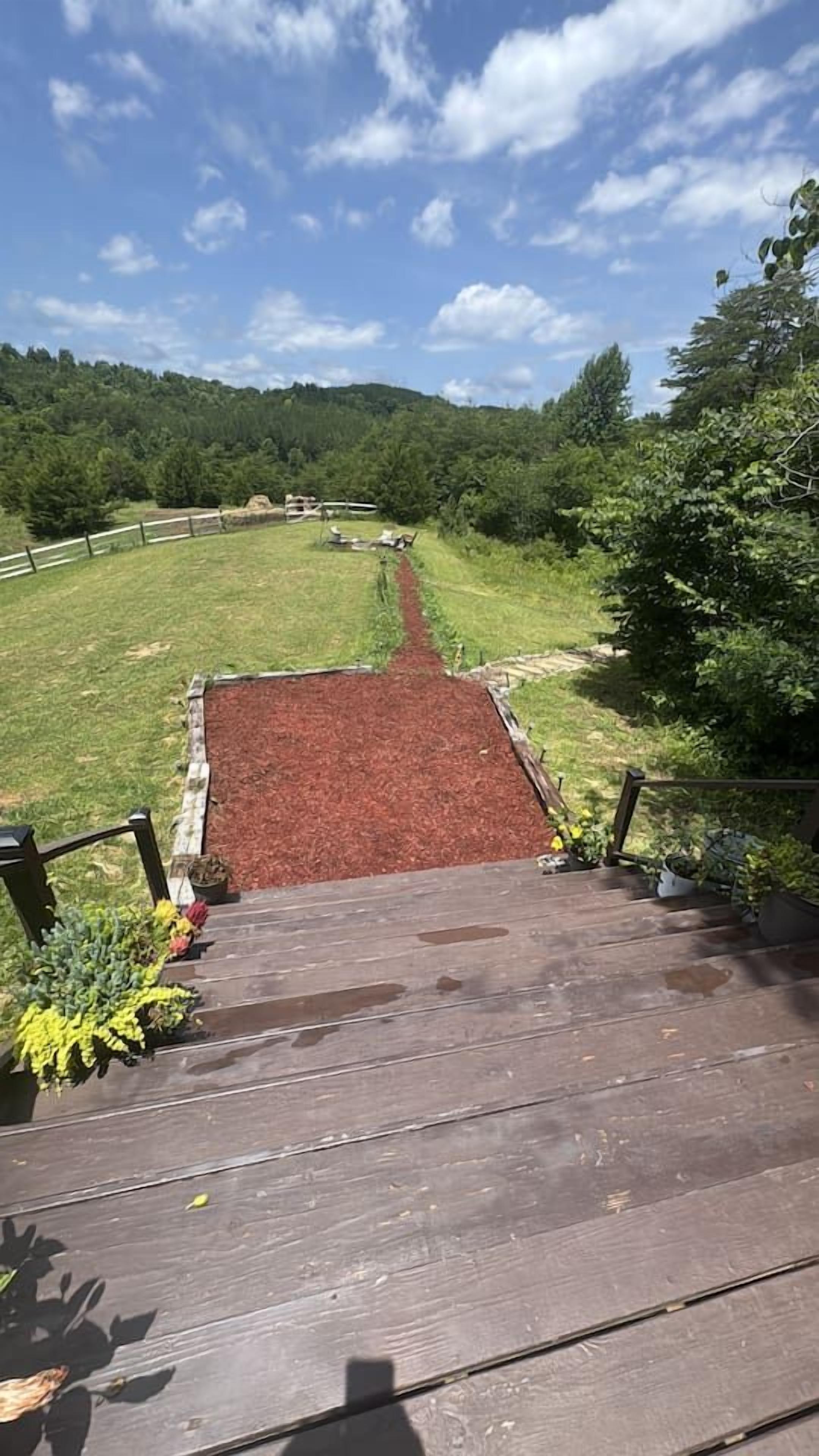 A wooden deck leading to a red pathway surrounded by greenery and a fence.