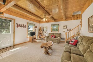 Televisio, DVD-soitin, kirjoja, videokirjasto