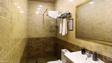 Hair dryer, slippers, towels, soap