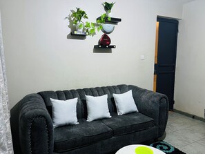 A living room with a dark grey sofa, three white cushions, and two potted plants on wall-mounted shelves. - Clean Modern 1BR near TRM Mall off Thika Road
Perfect for long and Short stays. (Nairobi)