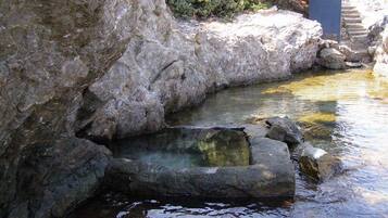 Un élément décoratif aquatique composé de rochers et d’une structure en pierre, entouré d’une végétation naturelle.