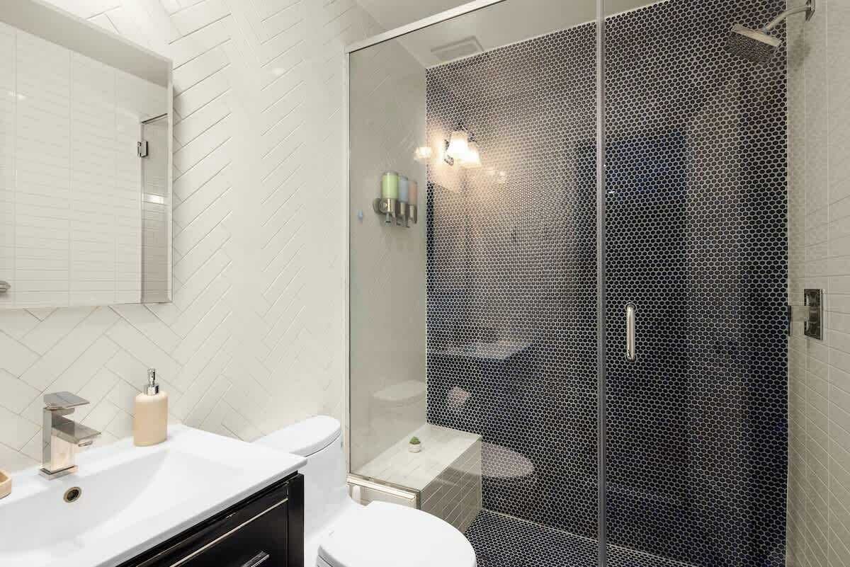 Chuveiro, secador de cabelo, toalhas de banho, shampoo