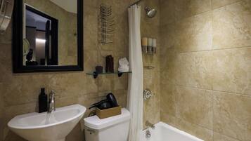 Chuveiro, secador de cabelo, toalhas de banho, shampoo