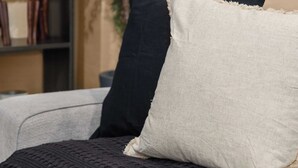 Um sofá com duas almofadas, um cobertor escuro e uma estante com livros e objetos decorativos.