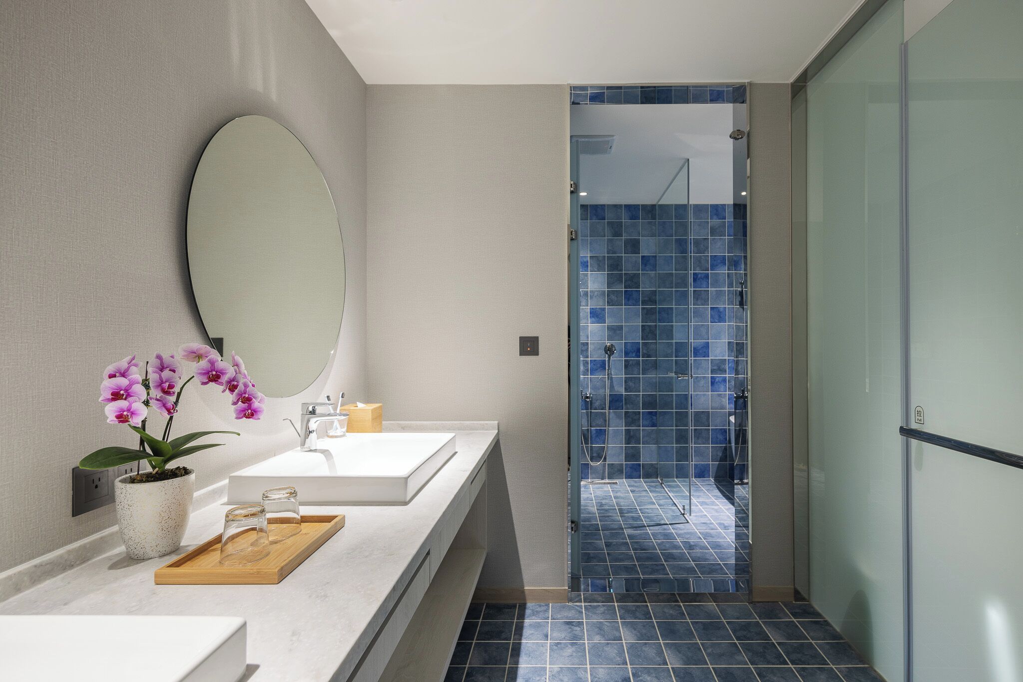 A modern bathroom with a white sink, a mirror, a potted orchid, and a shower with blue tiles.