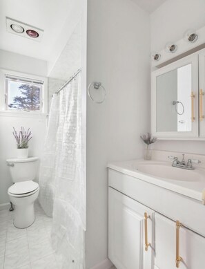 Een badkamer met toilet, douche, wastafel en spiegel.