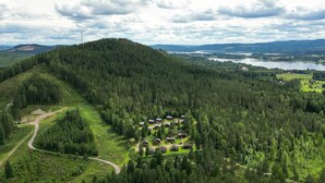 Oversigtsbillede af et skovområde med en lille gruppe hytter.
