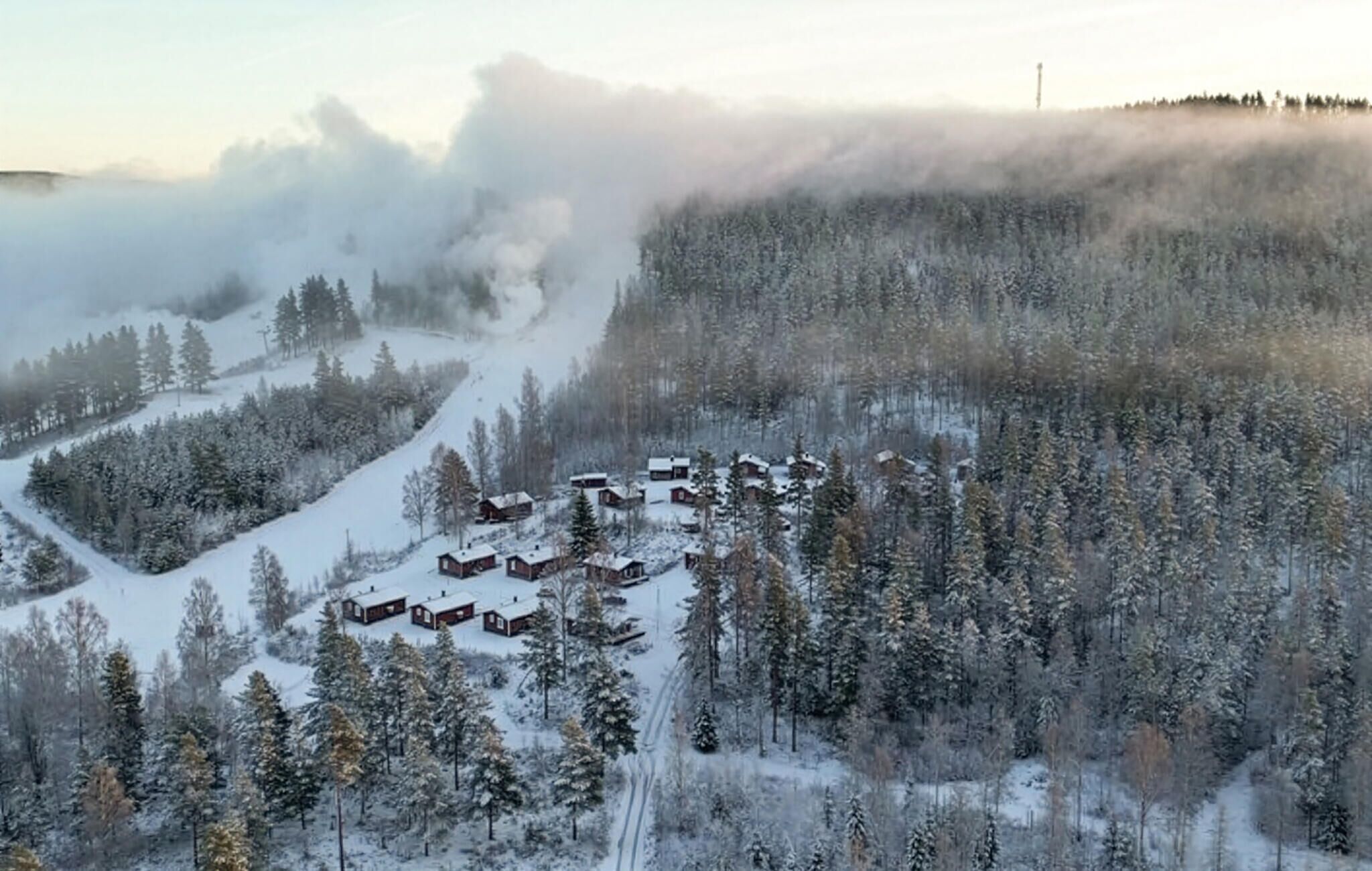 En snötäckt skog med flera stugor.
