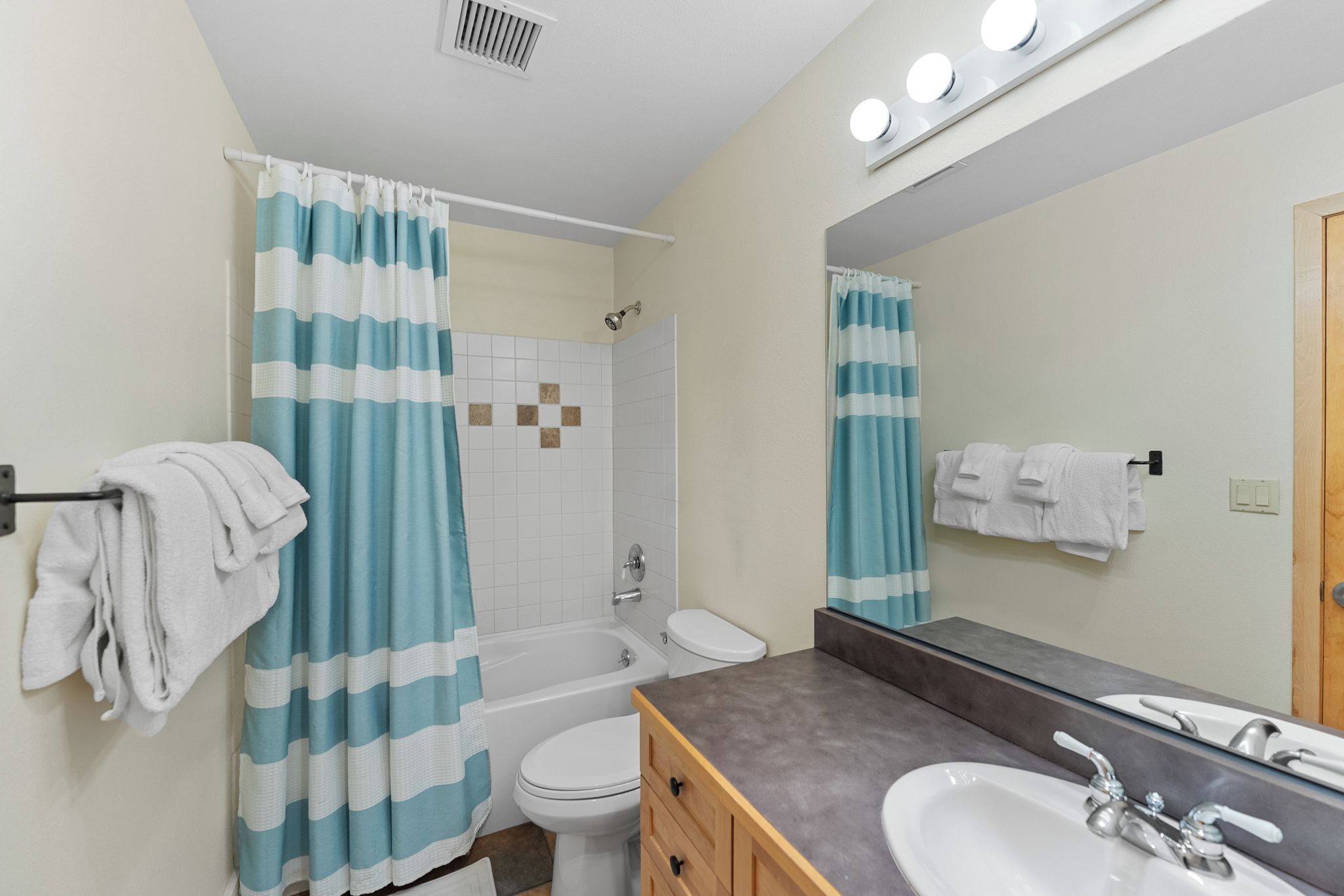 Une salle de bain avec une baignoire, des toilettes et un lavabo.
