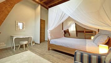A bedroom with a canopy bed, a desk, and a chair.