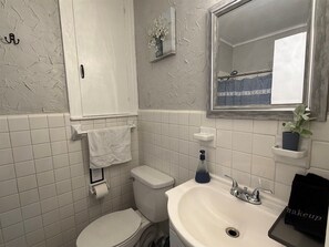A bathroom with a toilet, sink, and mirror.