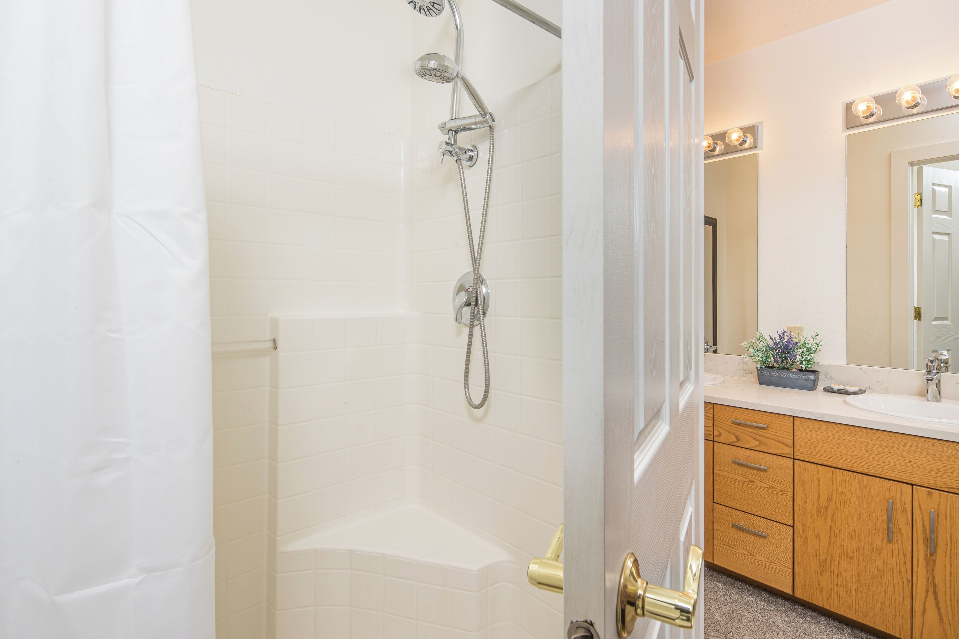 A bathroom with a shower, a sink, and a mirror.