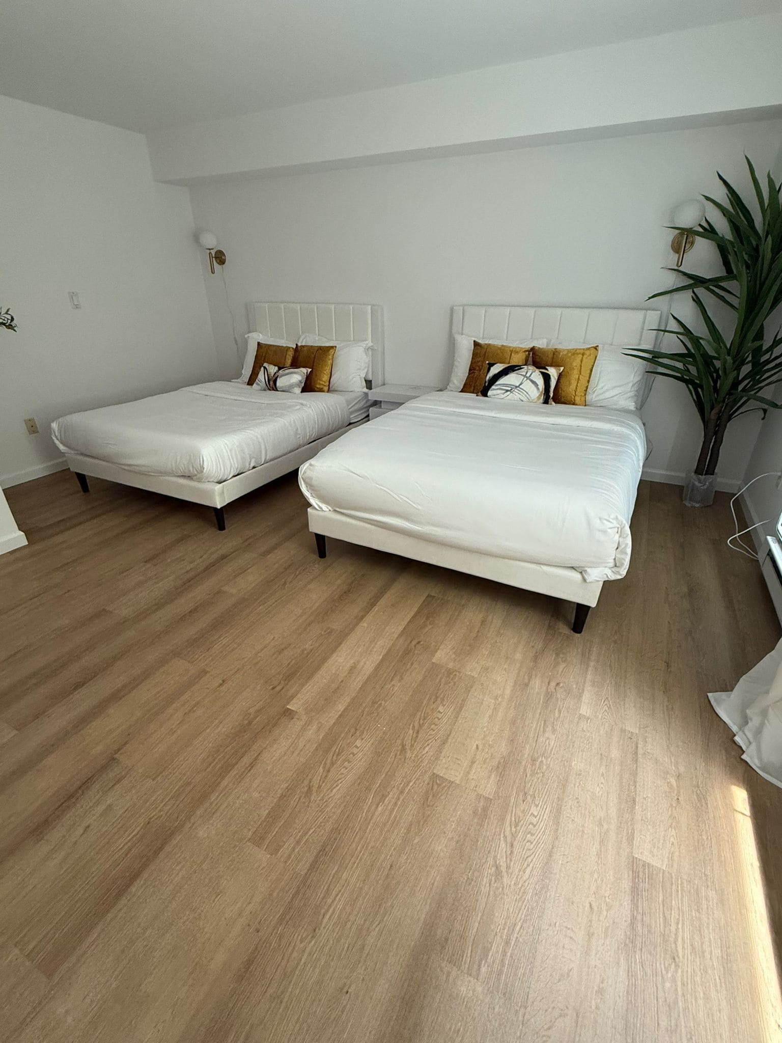 A modern hotel room with two single beds, wooden flooring, and a potted plant.