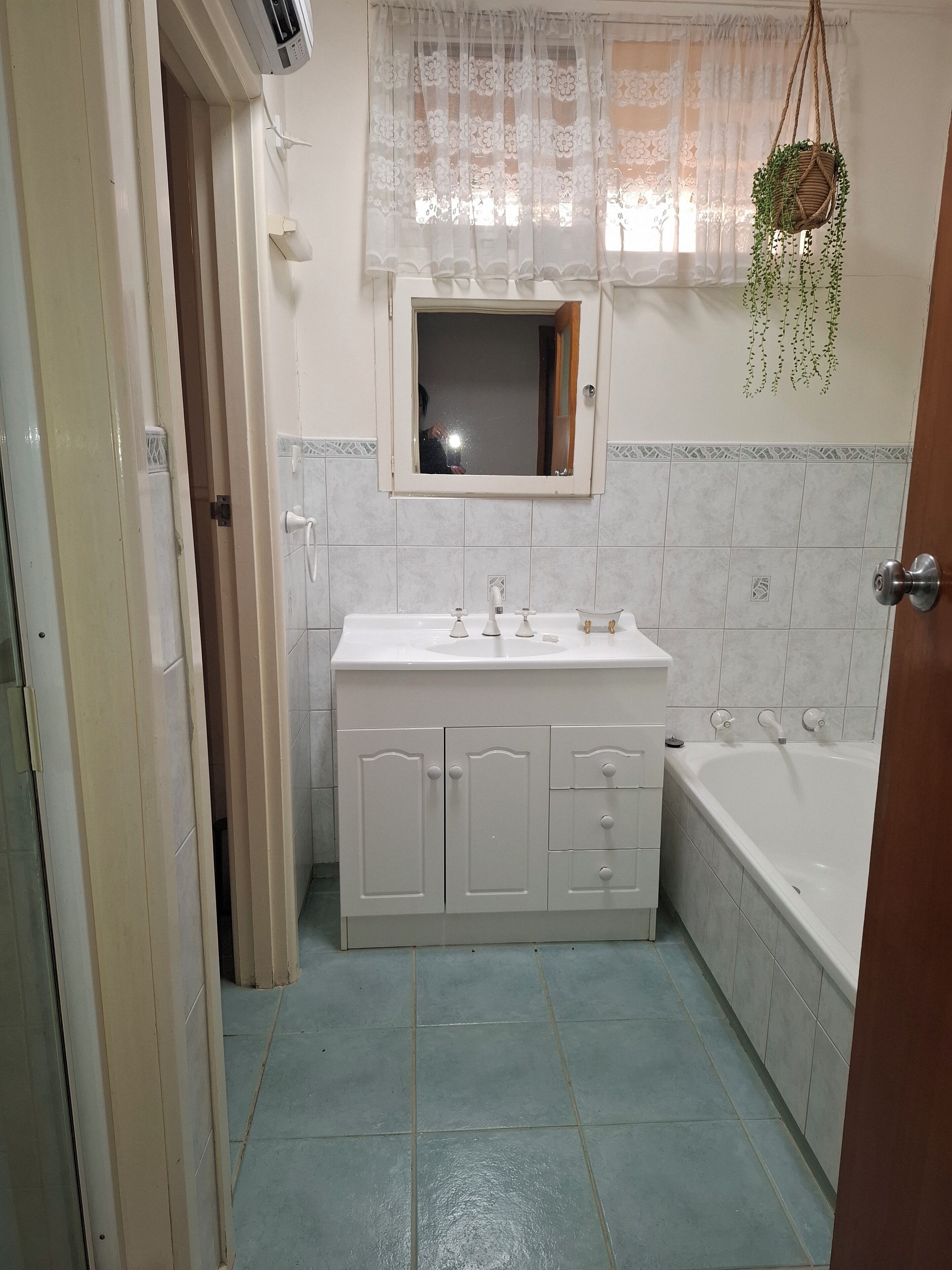 A bathroom with a white sink, mirror, and bathtub. There is a window with lace curtains and a hanging plant.