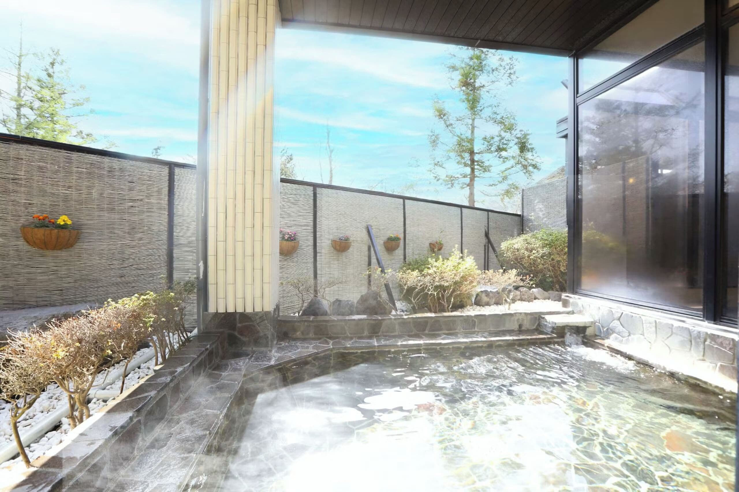 A hot spring area with stone steps leading into a pool, surrounded by plants and a stone wall.