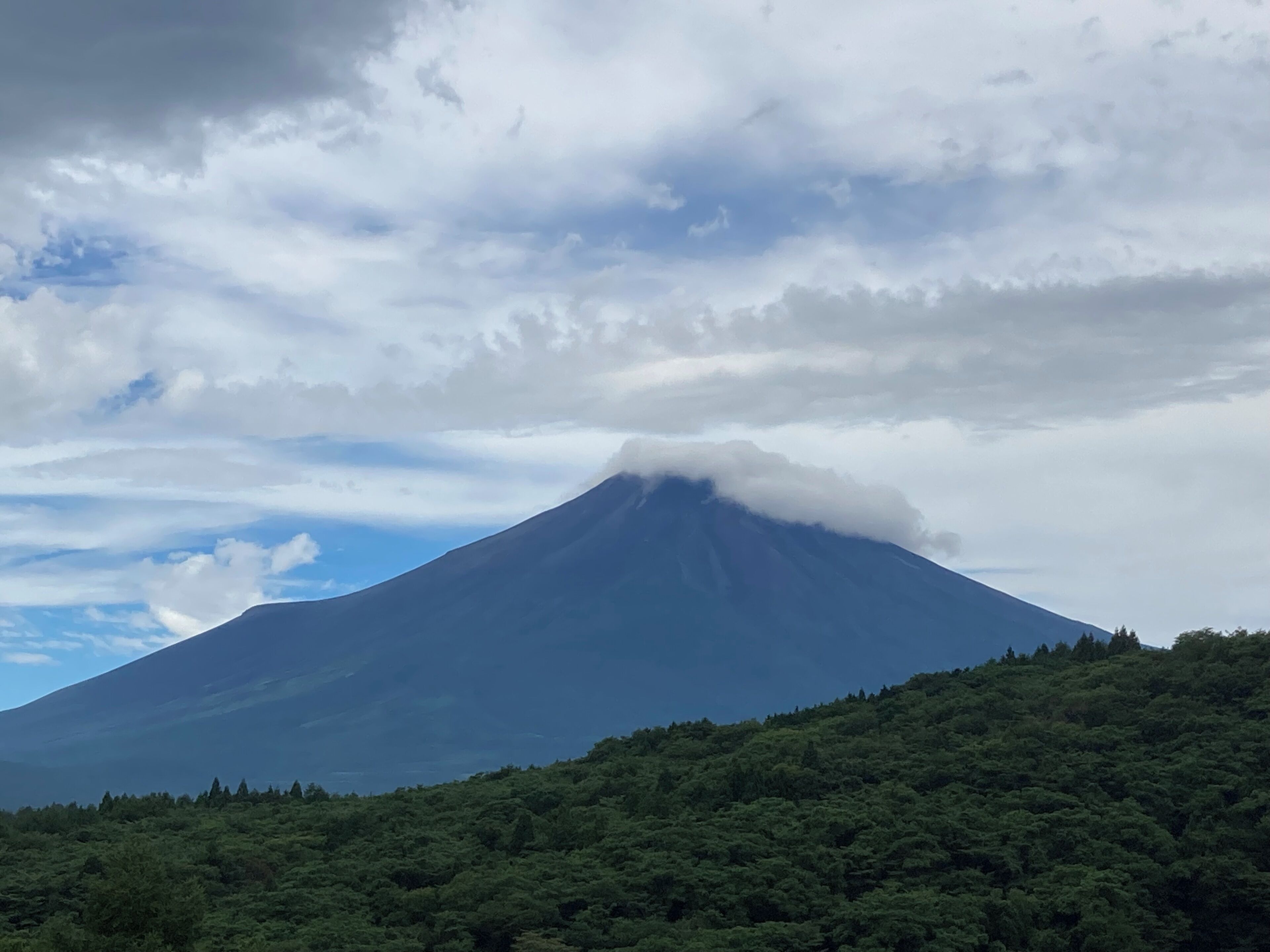 A mountain with a peak covered in clouds, surrounded by dense green forest.