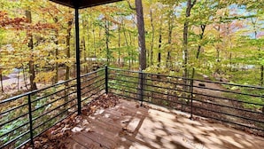 A covered wooden deck with a metal railing, surrounded by trees with autumn foliage. - Contemporary Northwoods Retreat- In the Heart of Sister Bay (Sister Bay)