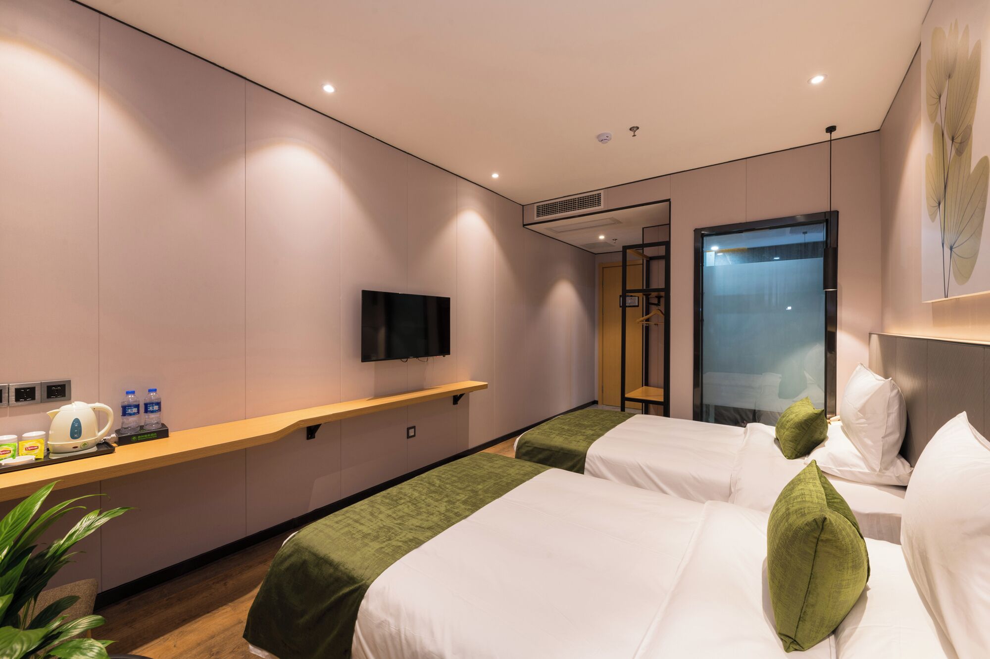 Desk, laptop workspace, blackout drapes, iron/ironing board