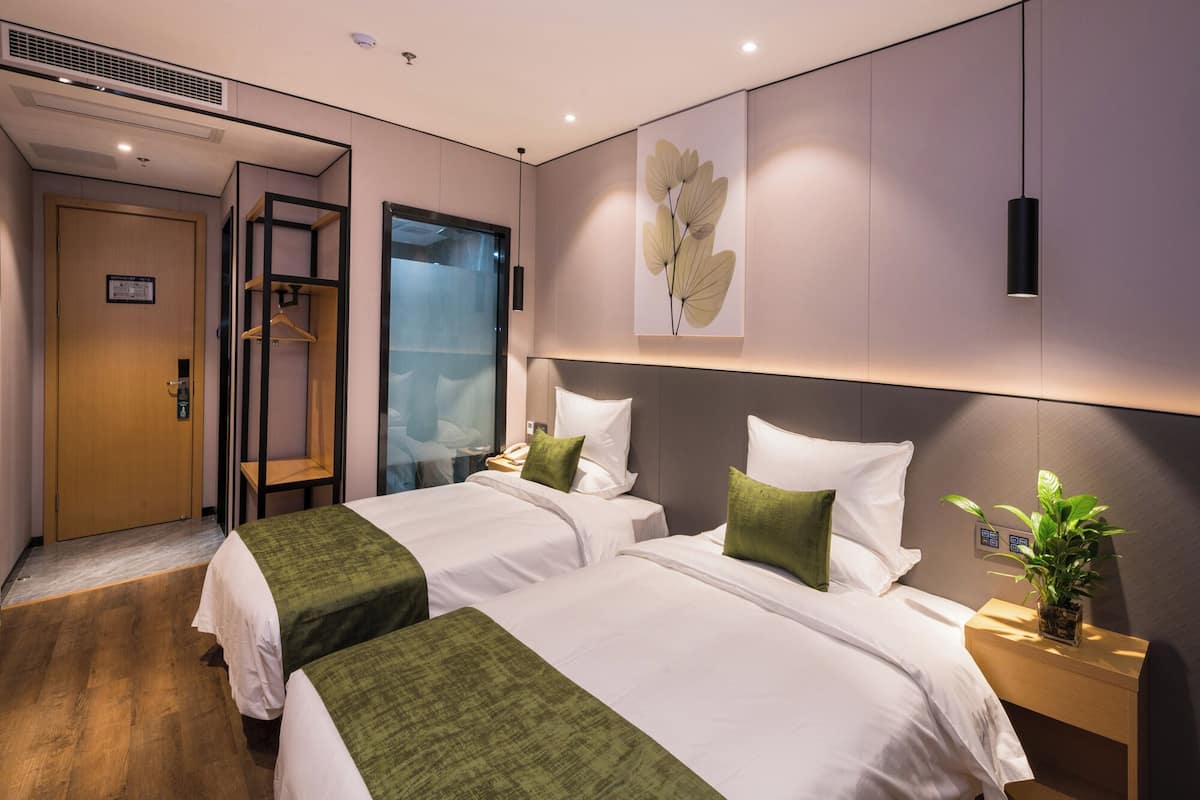 Desk, laptop workspace, blackout curtains, iron/ironing board