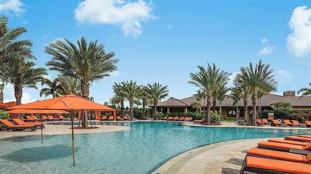 A swimming pool with lounge chairs and umbrellas, surrounded by palm trees and buildings.