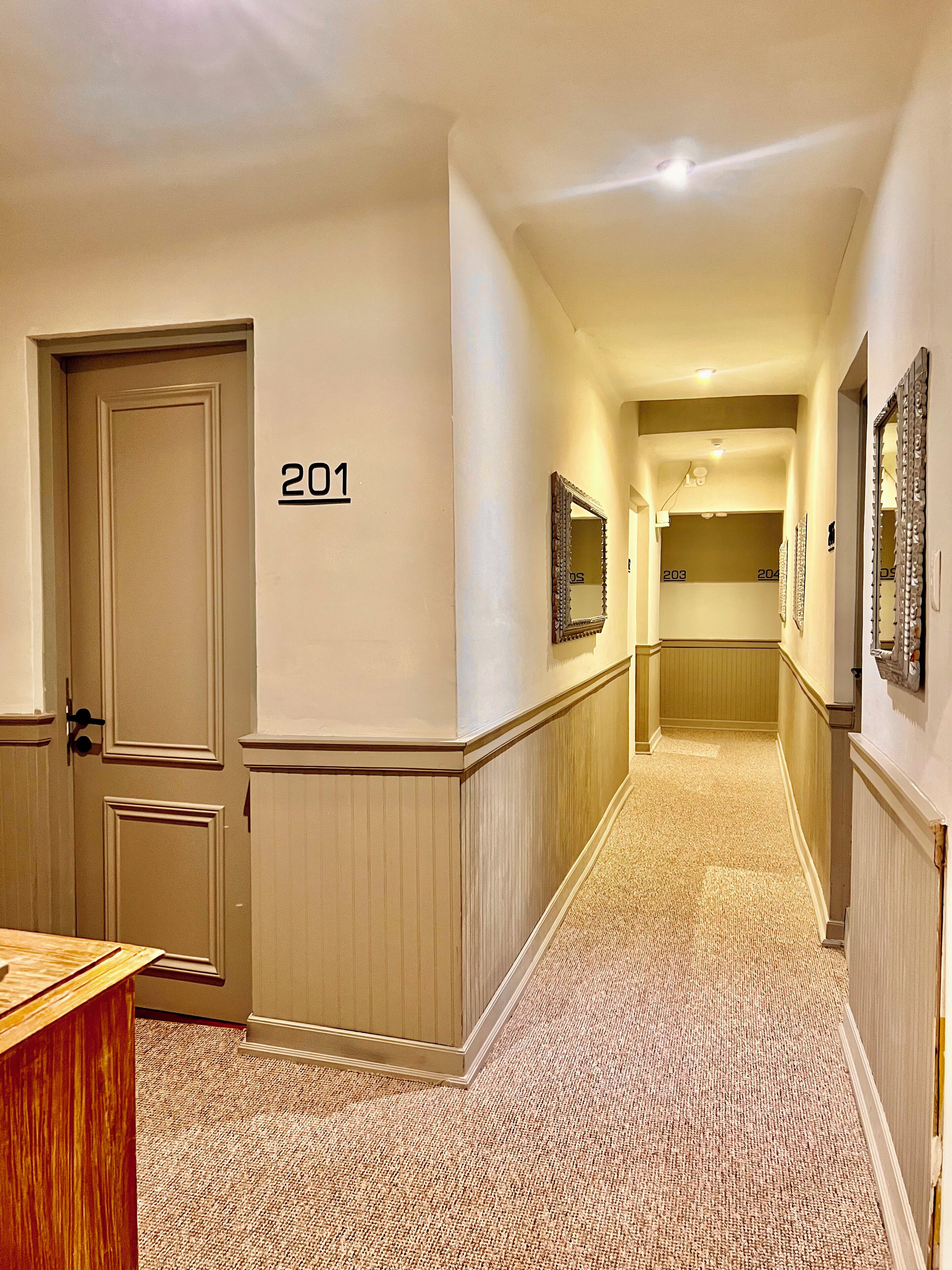 A hotel hallway with a carpeted floor, a door labeled '201', and a corridor leading to other rooms.