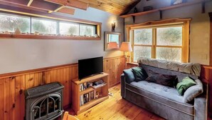 A cozy cabin interior with wooden walls, a fireplace, a sofa, and large windows. - VT Guest Cottage at Sugarbush in Moretown, VT (Northfield)