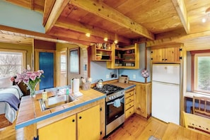 Fridge, oven, stovetop, cookware/dishes/utensils - VT Guest Cottage at Sugarbush in Moretown, VT (Northfield)