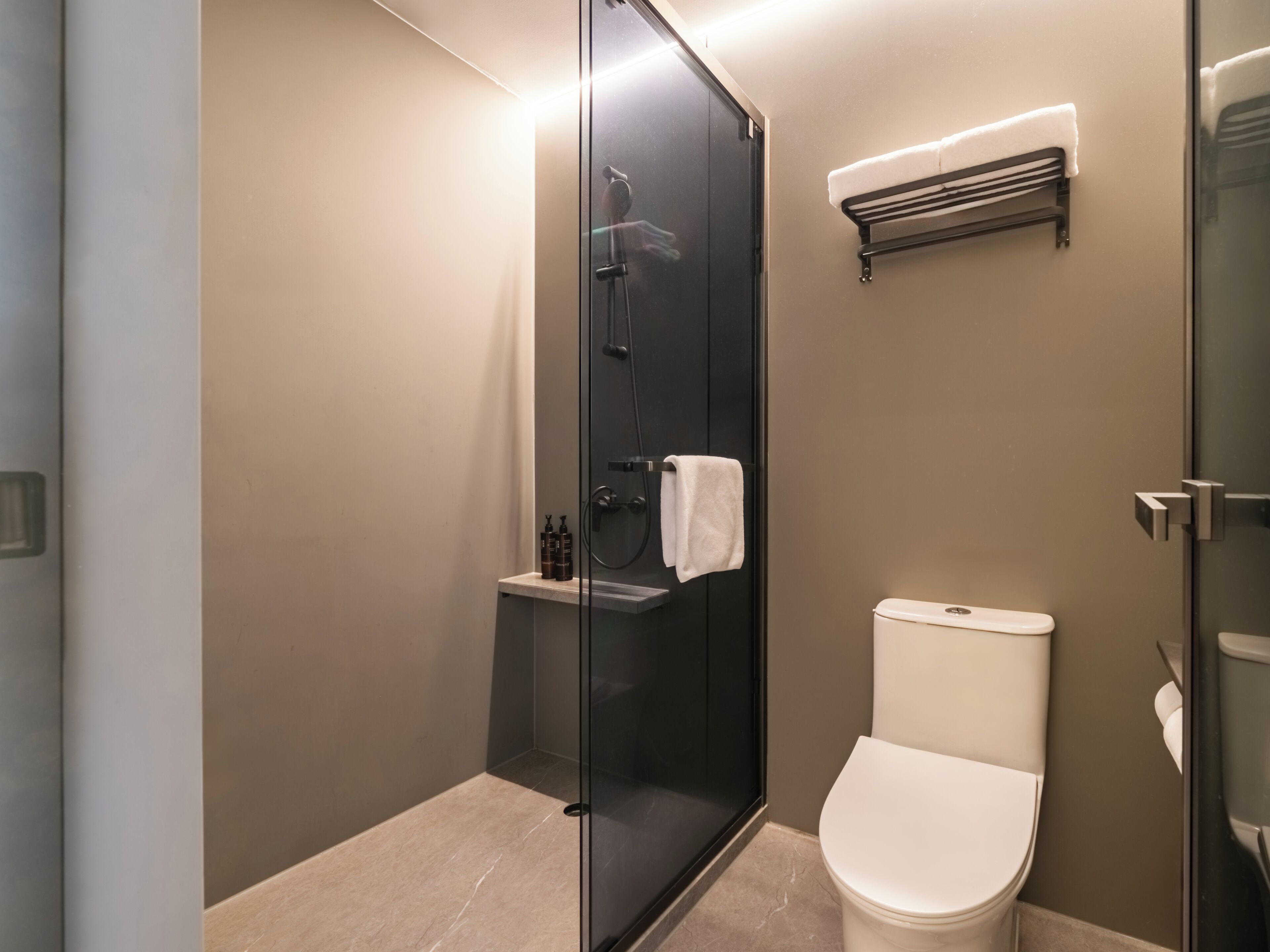Et moderne badeværelse med en glasafskærmet brusekabine, et hvidt toilet og en håndklædestang.