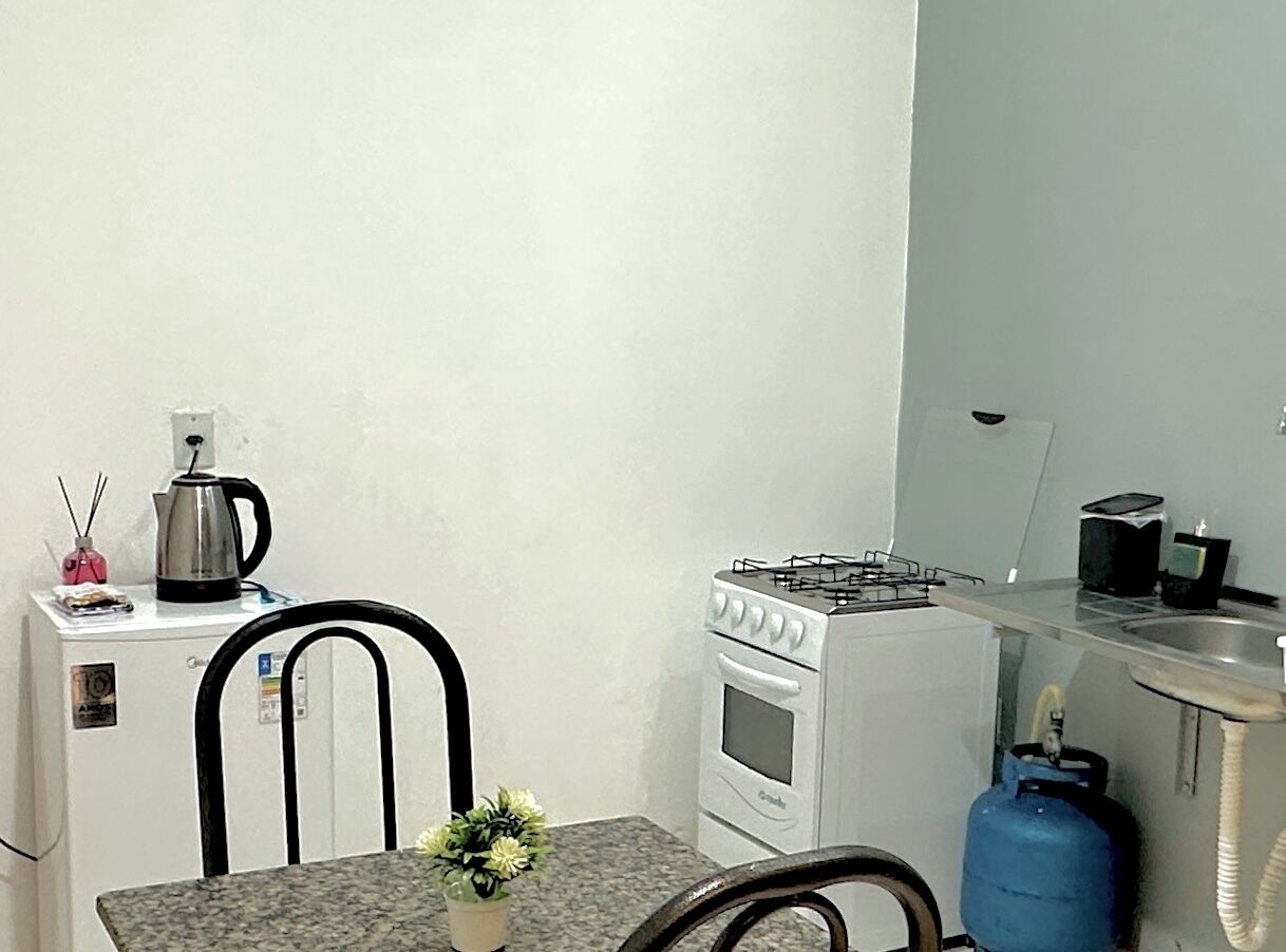 Une cuisine de taille réduite équipée d’une cuisinière à gaz, d’un four et d’un petit réfrigérateur.