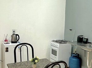 Une cuisine de taille réduite équipée d’une cuisinière à gaz, d’un four et d’un petit réfrigérateur.