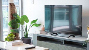 Moderni olohuone, jossa on suuri litteänäyttöinen televisio harmaalla mediakeskuksella, ruukkukasvi ja kaukosäädin valkoisella sohvapöydällä.