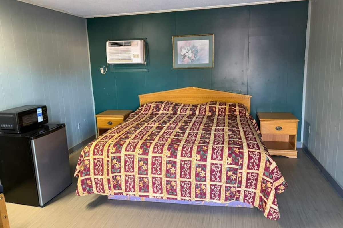 A room with a bed, a small refrigerator, a heater, and a picture on the wall.
