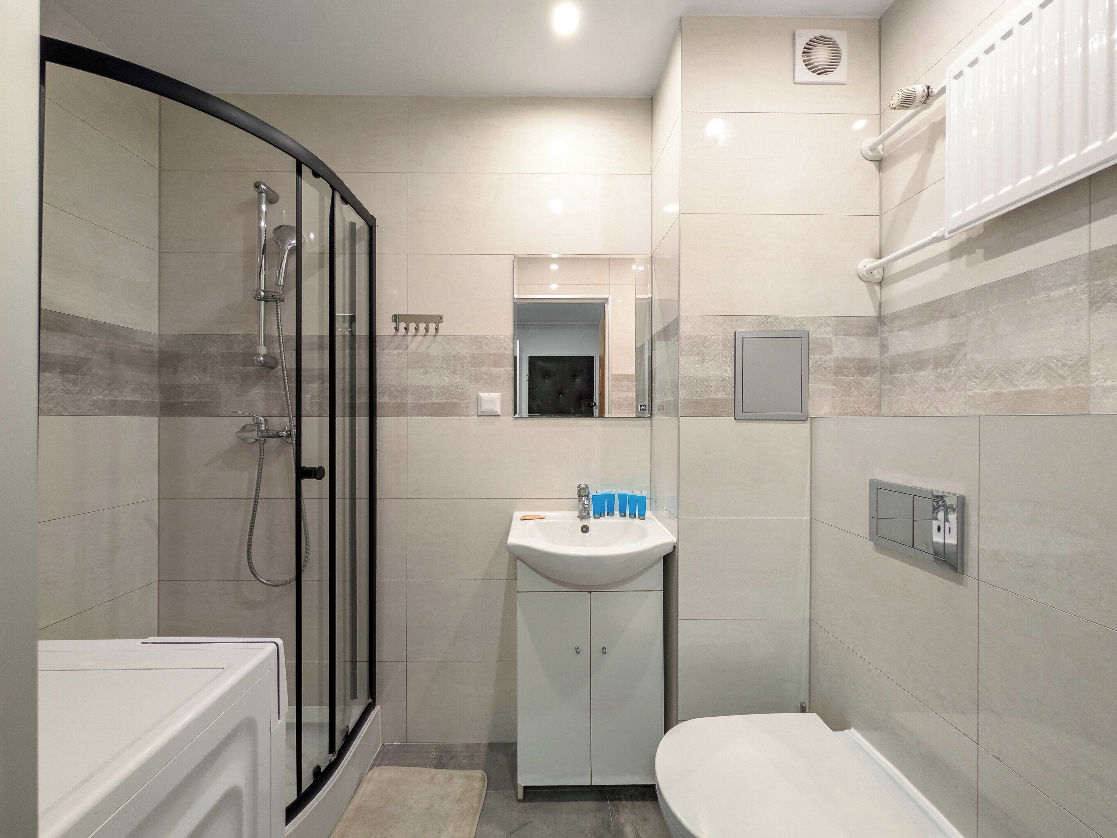 Shower, hair dryer, towels