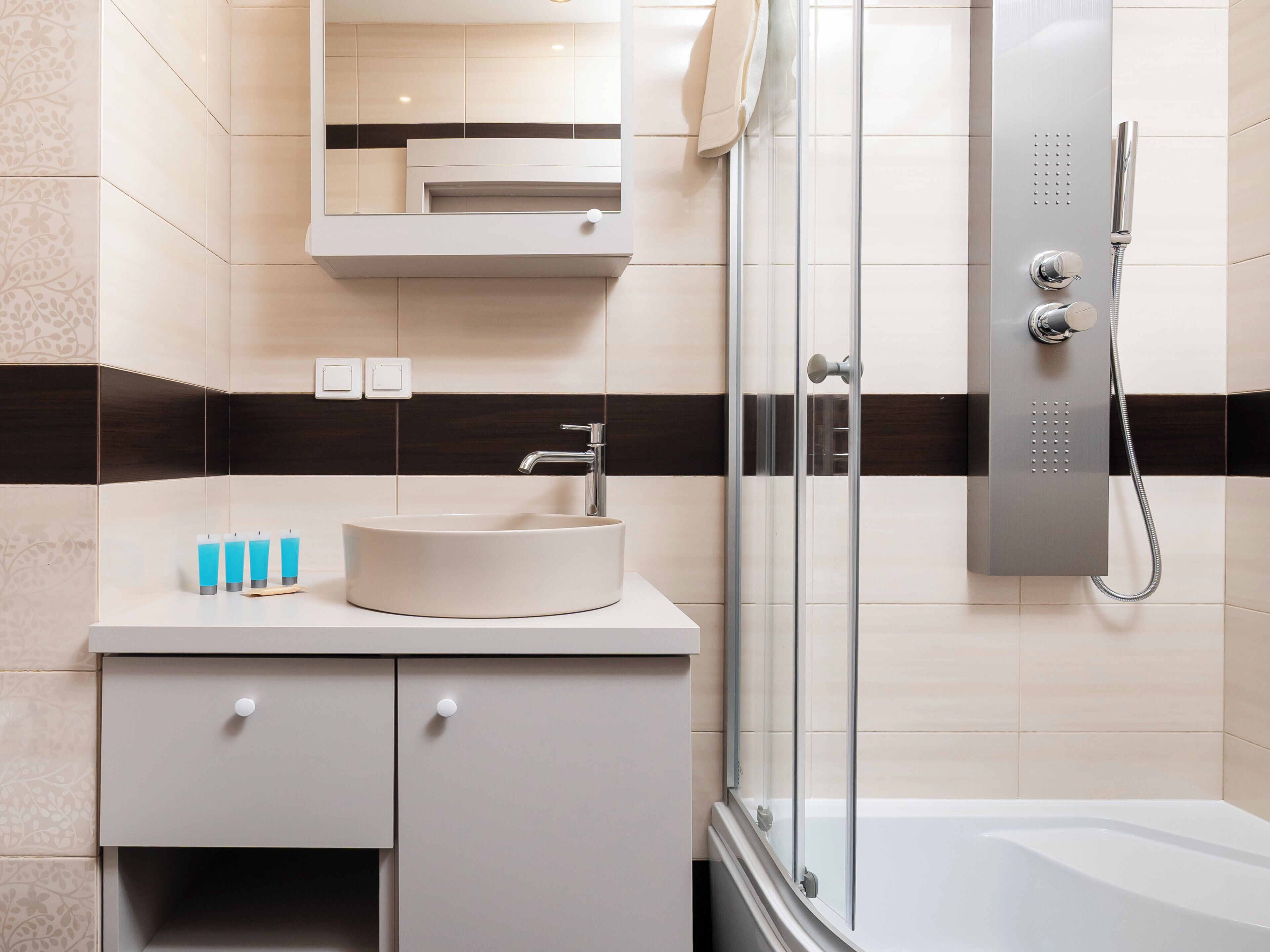 Shower, hair dryer, towels
