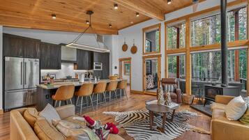 TV connectée, cheminée, livres