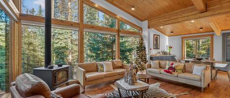 Smart TV, fireplace, foosball, books